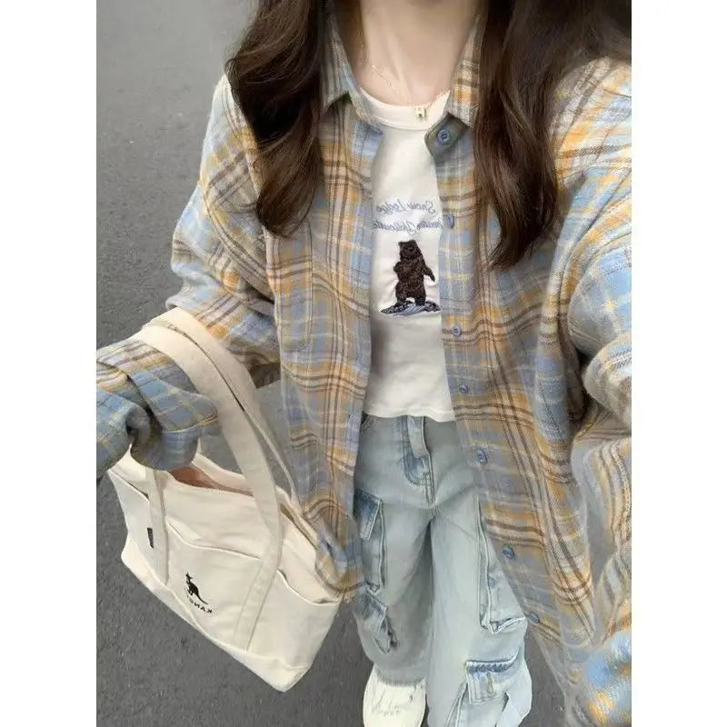 2024 New Blue Plaid irt Jaet Women's Loose Casual Meat Covering Middle Length irt Outerwear Trendy Forest System