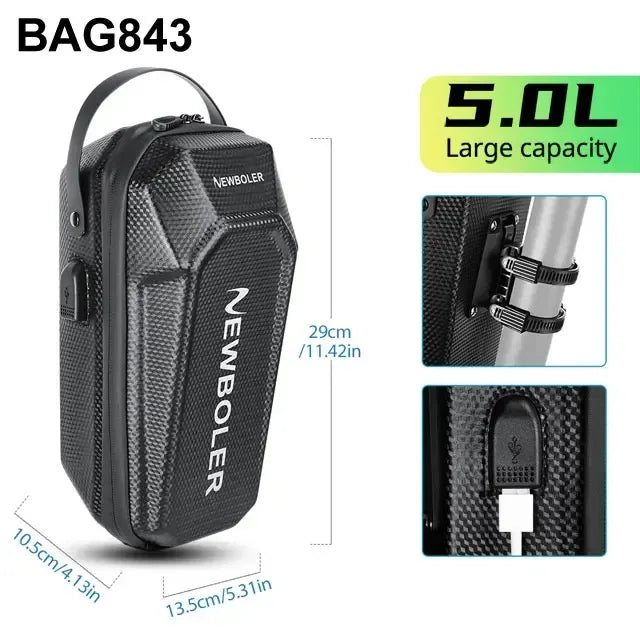 Black 5L scooter front bag with top strap and NEWBOLER logo