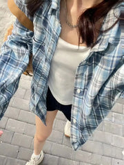 2024 New Blue Plaid irt Jaet Women's Loose Casual Meat Covering Middle Length irt Outerwear Trendy Forest System