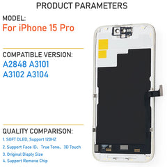 شاشة RFLCD SOFT OLED 120HZ Lcd لهاتف iPhone 15 Pro شاشة تعمل باللمس بديلة لوحة رقمية تجميع شريحة True Tone