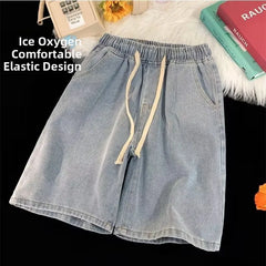 High Waist Wide Leg ort Jeans Women's Summer Loose Fit Slimming Straight Cut Blue Denim orts Thin Material Five-Quarter L...
