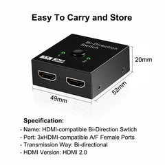 HDMI-compatible Switch Bi-Direction 2.0 Splitter 1x2/2x1 Adapter 2 in 1 out Converter for PS4 Pro/4/3 TV Box 4K Switcher