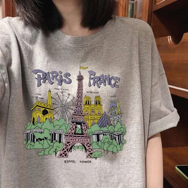 Retro Chic Pure Cotton ort Sve Oversize T-irt Women's Loose Top Korean Sle Commute Cotton round Ne Regular Length
