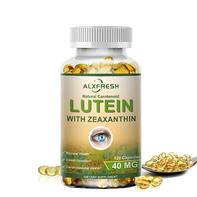 Lutein with Zeaxanthin supplement bottle with gold capsules and 40 mg label