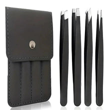 Black tweezers set with four stainless tips and matching black pouch case