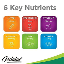 Key nutrients infographic listing lutein 10 mg, zeaxanthin 2 mg, vitamin E 180 mg