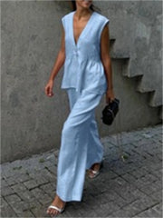 Fashion Pink 2 Piece Set Women Summer Chic Elegant Outfit Single Breasted Sleeveless Ruffles Tank Top Loose Wide-leg Pants Sets