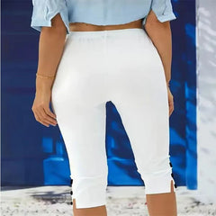 Plus size summer mid waist elastic solid color cropped pants tight, fashionable, sexy button down casual pants for women