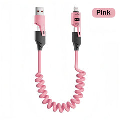 4 in 1 65W Spring Short Data Cable 6A USB Type C Spring Telescopic Quick Charger Wire Spring USB Cable for iPhone 15 14 13 12