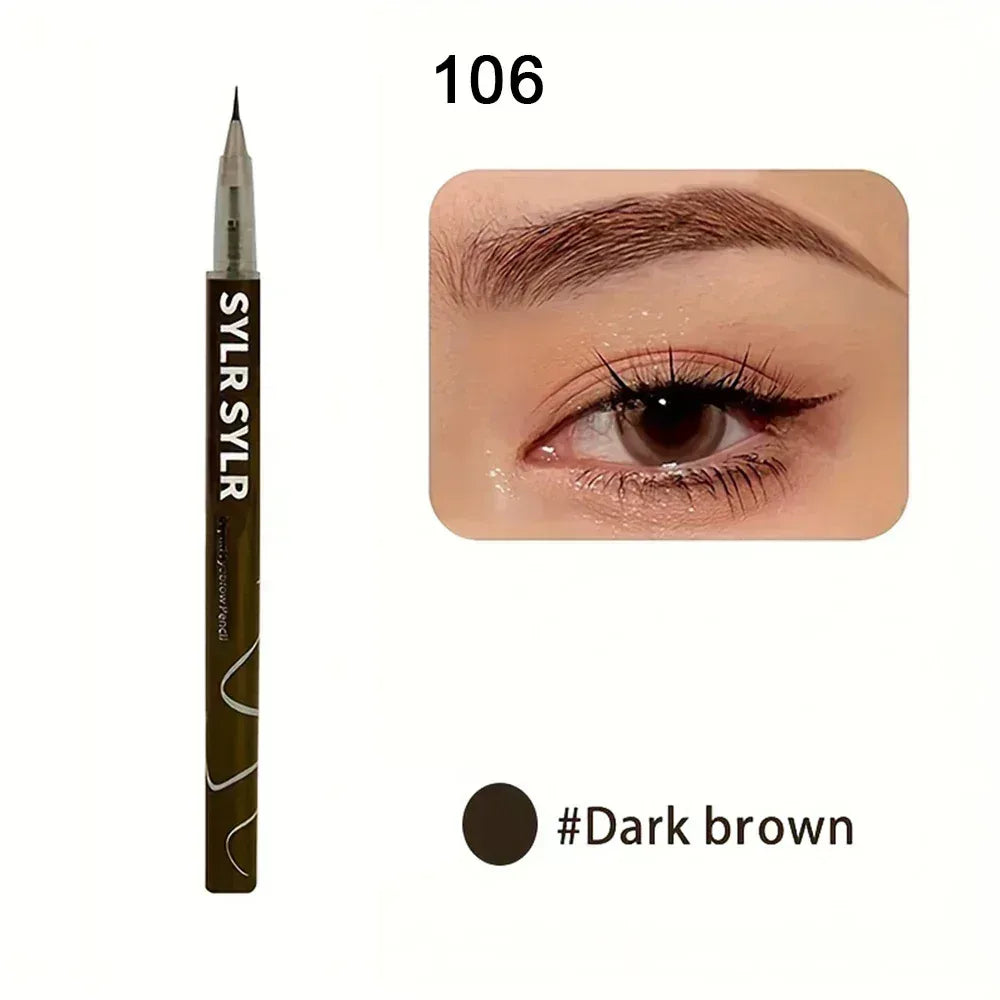 Dark brown liquid eyebrow pencil with filled eyebrows and eye in view.