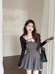 Sweet And Spicy Slim Fit Knitted Open Cardigan And  Skirt Women's Summer Tee Piece Set Faionable Asymmetrical Design
