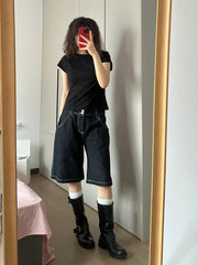High Waist Wide Leg Denim orts Women's Summer New Casual Loose Slimming Five-Quarter Straight Cut Trendy Jeans Pants