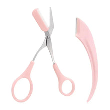 Pink eyebrow trimmer scissors and curved brow shaver tool