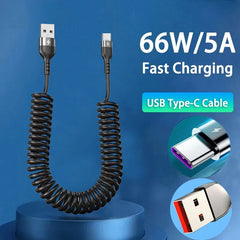 كابل USB Type C 66W Car 5A للشحن السريع من النوع C إلى النوع C كابل تلسكوبي زنبركي لهاتف iPhone 15 Samsung Huawei Xiaomi Redmi OnePlus