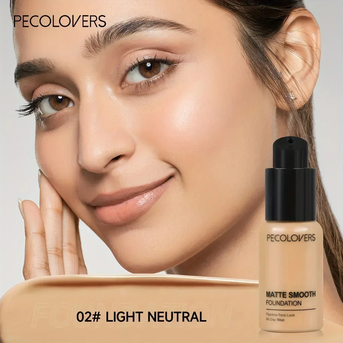 Matte finish liquid foundation bottle, Light Neutral 02 on model face