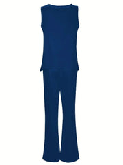 طقم ملابس كاجوال نسائي مقاس كبير 1XL-5XL مكون من قطعتين، بلوزة بدون أكمام بياقة دائرية وبنطلون واسع الساق، طقم من قطعتين