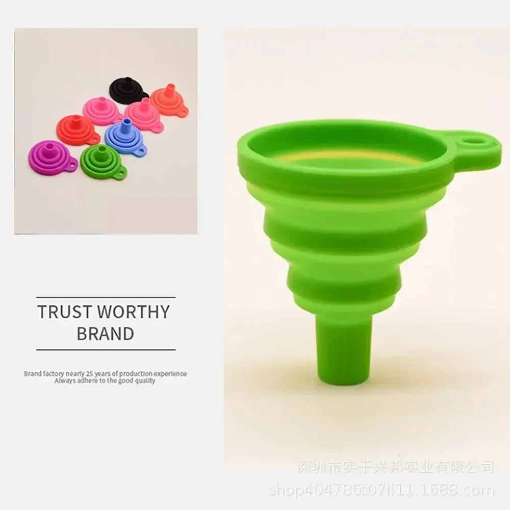 Foldable silicone car funnel in bright green with wide rim and side handle