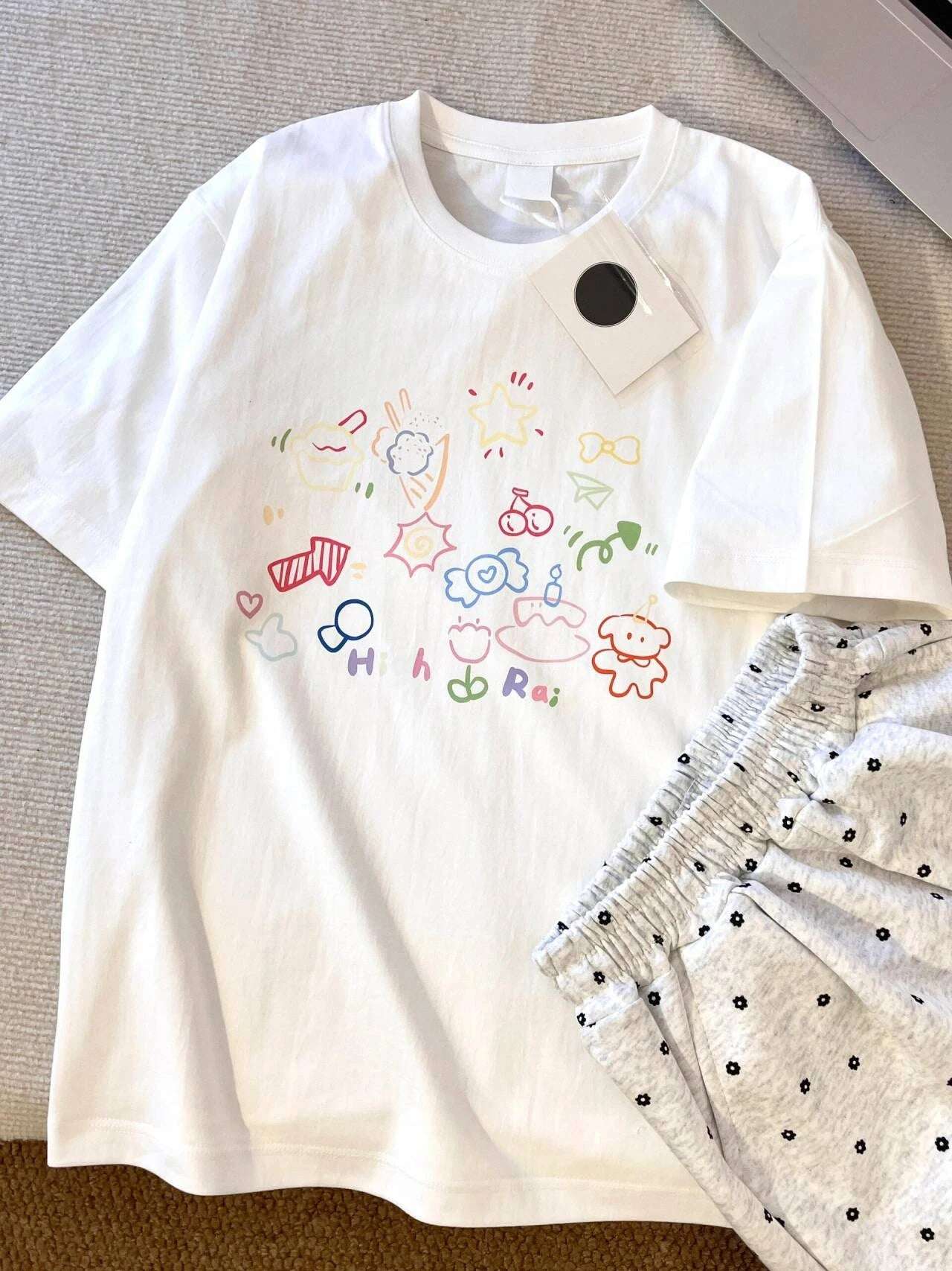 Retro Japanese Cartoon Print Pure Cotton ort Sve Women's T-irt Summer Design Loose Student Top Korean Sle round Ne