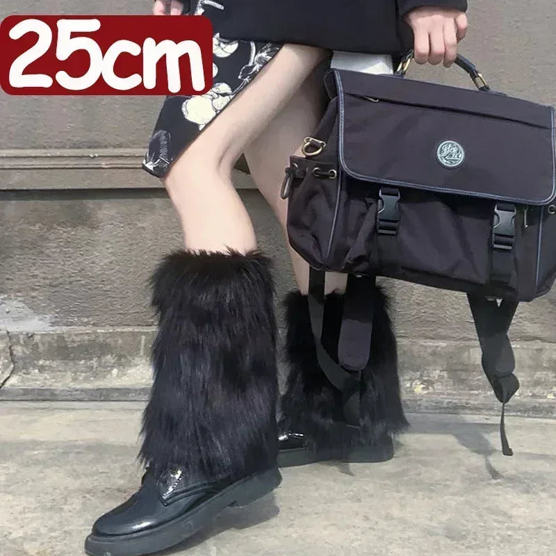 Black faux fur boot covers, tall leg warmers with open-toe cuff
