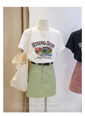 Anti-Aging Cartoon Print ort Sve Women's T-irt Loose Fit Summer Casual round Ne oulder Appropriate Outerwear