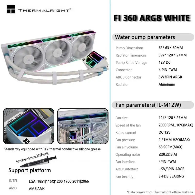 مبرد تبريد مائي متعدد الاستخدامات Thermalright FROZEN INFINITY 360، مزامنة ARGB Divine Light، يدعم LGA1700/AM5/AM4
