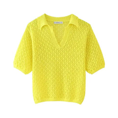 Women Fashion New Short Sleeve Jacquard Mesh Loose Polo Collar Sweater Pullover Tops Chic Female Knit Sweaters Mujer
