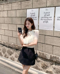 Faionable  Knot ort Sve See-tough Chiffon Top with Tie Ne Design Sweet Loose Fit Polyester Summer irt