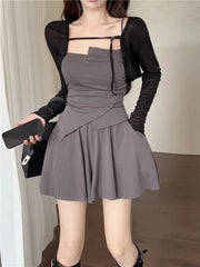 Sweet And Spicy Slim Fit Knitted Open Cardigan And  Skirt Women's Summer Tee Piece Set Faionable Asymmetrical Design