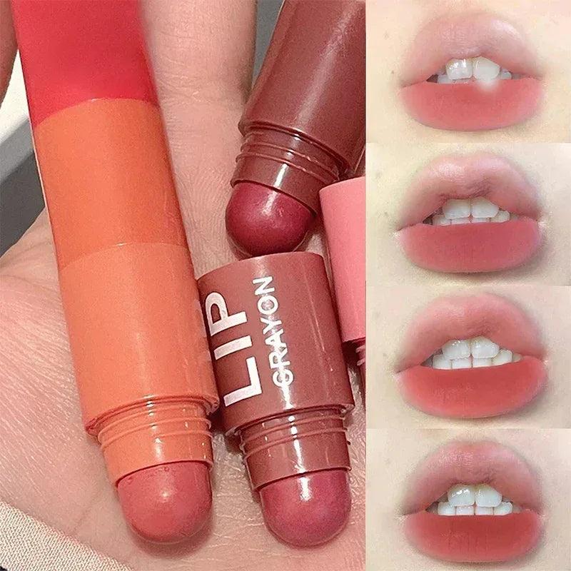 Matte velvet mist lipstick tubes with lip swatches in orange-red and dark rose shades.