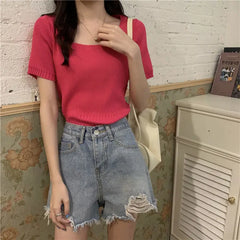 Slim Fit ort Sve Ice Silk Knitted irt Women's Faion Spring Summer Thin Sle Square Collar Princ Sve Top