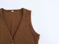 EDSA Women 2 Pcs Set V-Neck Single Breasted Solid Texture Casual Vest Top+High-Waisted Drawstring Wide Leg Pants