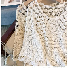 White crochet lace top close-up with circular motifs and openwork lattice