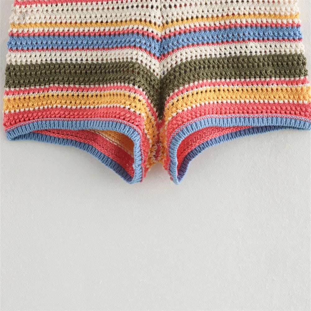 2024 Autumn European And American New Women's Fashion Casual Stripe Printed Short Sleeve Flip Collar Cardigan Casual Shorts Set