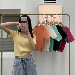 Slim Fit ort Sve Ice Silk Knitted irt Women's Faion Spring Summer Thin Sle Square Collar Princ Sve Top