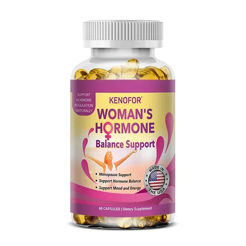 Woman's hormone balance support supplement bottle, purple label, 60 capsules, KENOFOR
