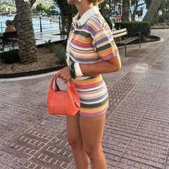 2024 Autumn European And American New Women's Fashion Casual Stripe Printed Short Sleeve Flip Collar Cardigan Casual Shorts Set