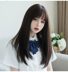 Korea Hair Extensions Synthetic Cute JK Girl Cosplay Air Bangs Wig Breathable Head Cover 50cm Long Straight Wig Hat for Women