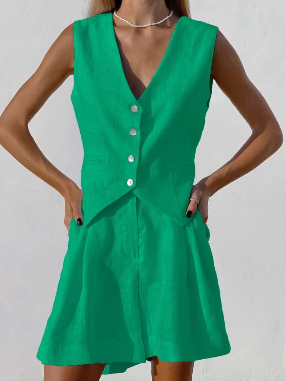 Summer European and American Design Sense Cotton and Linen Suit Vest Suit Women's  Casual Sleeveless Vest Shorts Two-piece Set