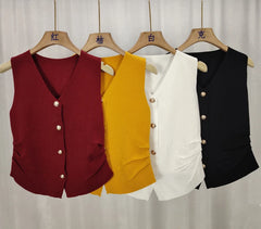 Womens Gold Button Front Vest V-Neck Ruched Waist Sleeveless Knit Jacket Casual Chic Spring Summer 2025 Trendy Outfit