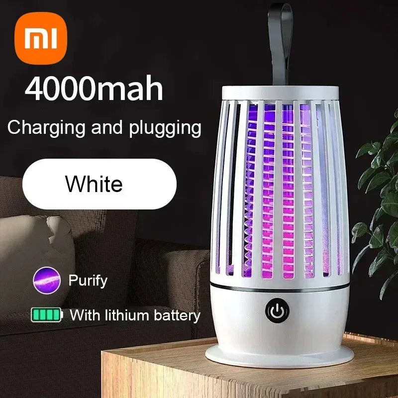 Rechargeable white mosquito trap lamp with battery indicator and purple light grid