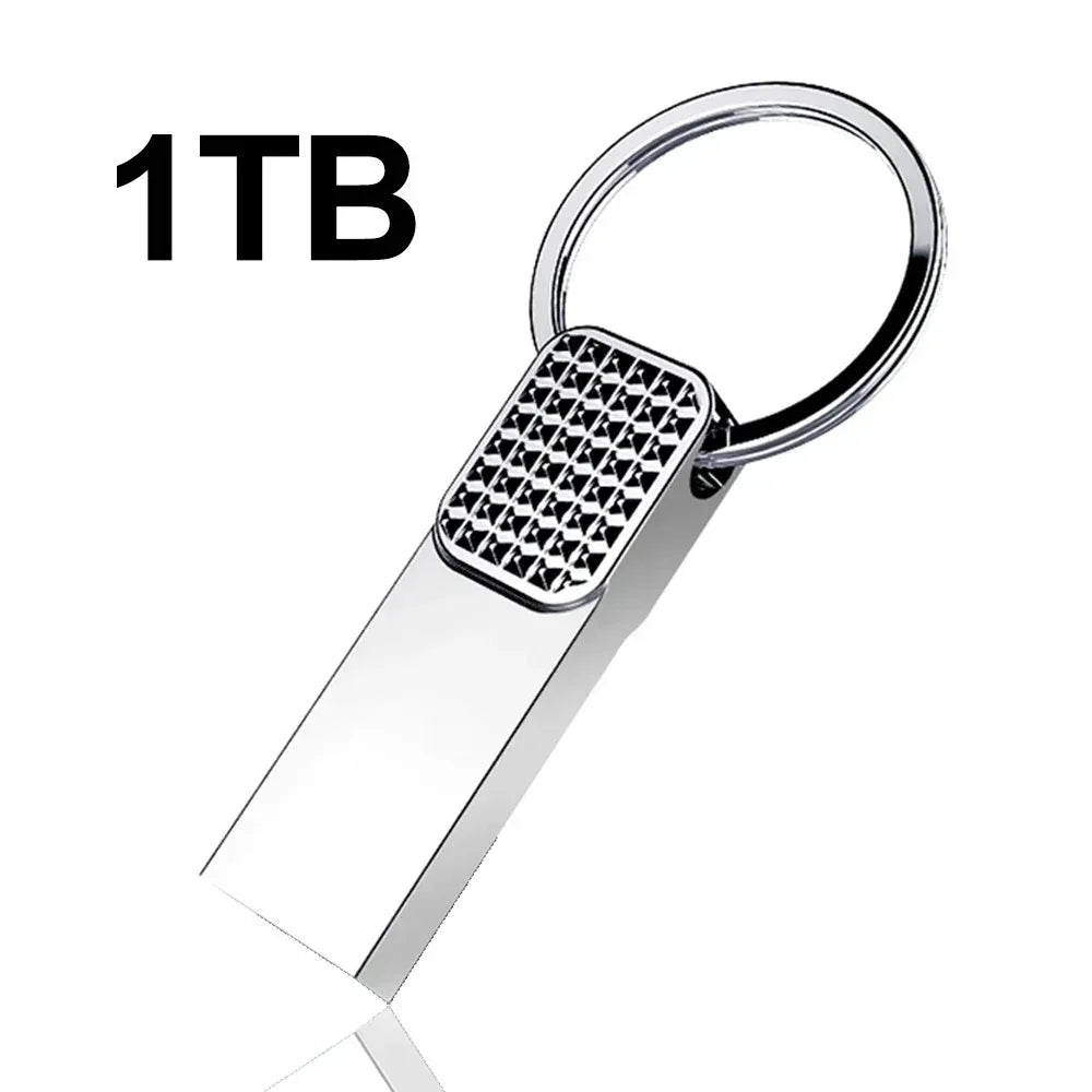 Silver USB flash drive with keyring and black patterned cap, 1TB