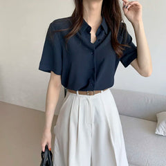 Ele Chiffon irt ort Sve Summer New Loose Collar  Ne White Top Women's Faion Commute Sle Straight Cut