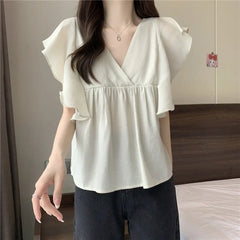 Ele Summer New Sle Women's irt Beautiful Soft Korean Sweet Fly Sve V-ne Top Polyester Fiber Casual Faion