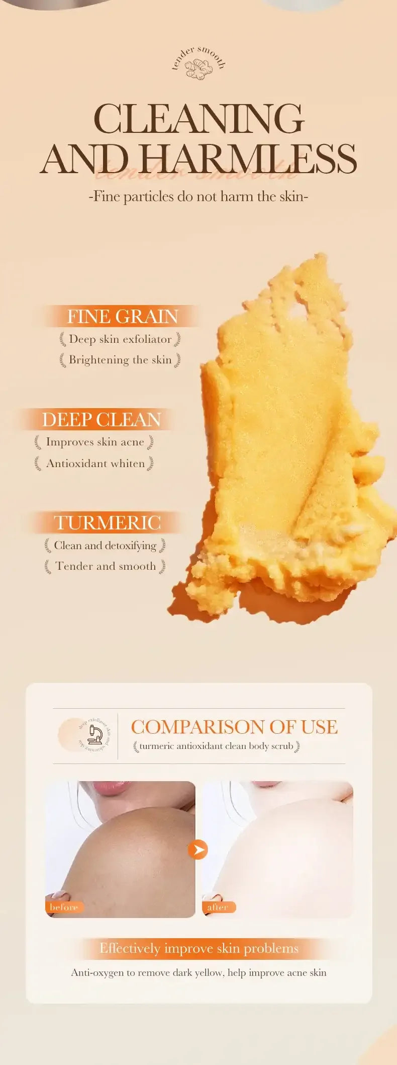 SADOER Turmeric Brightening Scrub Deep Cleansing Exfoliating Body Scrub Salt Moisturizing Hydrating Smoothing Skin Care - Mumzar