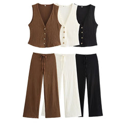 EDSA Women 2 Pcs Set V-Neck Single Breasted Solid Texture Casual Vest Top+High-Waisted Drawstring Wide Leg Pants