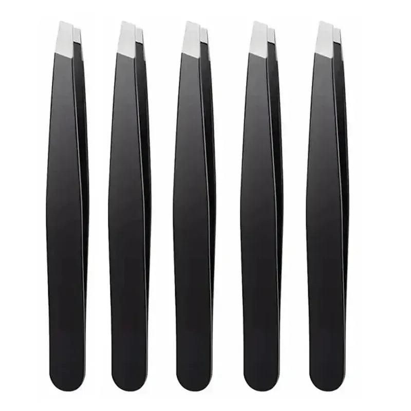 Set of black slant-tip eyebrow tweezers with angled metal tips.