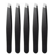 Set of black slant-tip eyebrow tweezers with angled metal tips.