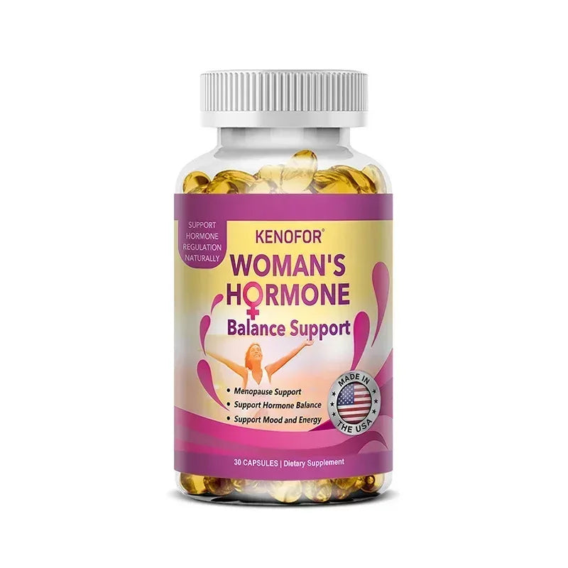 Woman's hormone balance support supplement bottle, purple label, 30 capsules, KENOFOR