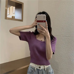 Slim Fit ort Sve Ice Silk Knitted irt Women's Faion Spring Summer Thin Sle Square Collar Princ Sve Top