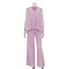 Fashion Pink 2 Piece Set Women Summer Chic Elegant Outfit Single Breasted Sleeveless Ruffles Tank Top Loose Wide-leg Pants Sets